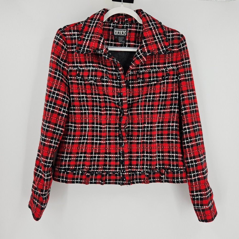 Berek Wool Plaid Tweed Jacket Red Black White Holiday Button Down Holiday S